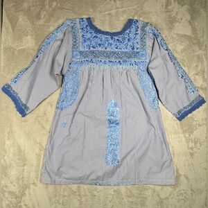 Mi Golondrina Mexico Deshilado Blue Embroidered Lace Cut Out Striped Blouse XS